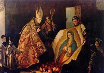Guadalupe Bild Umhang Juan Diego und Bischof